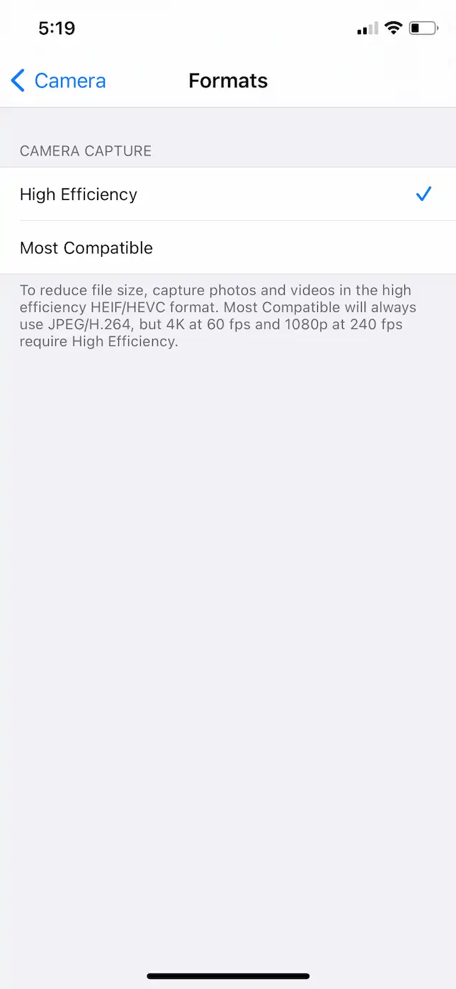 Camera capture setting screen to choose to take pictures as HEIC or JPG