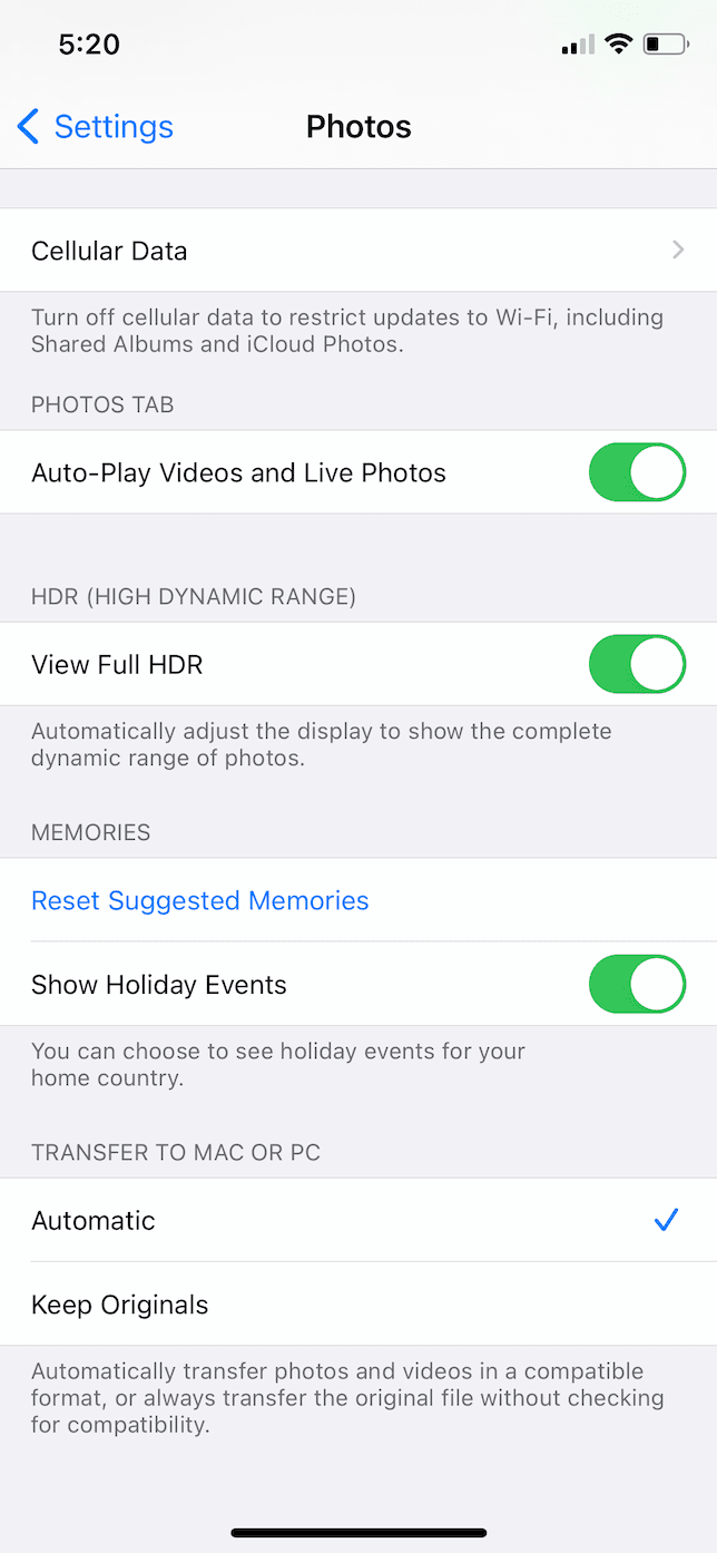 Photos screen in Settings app to choose to transfer pics as HEIC or JPG