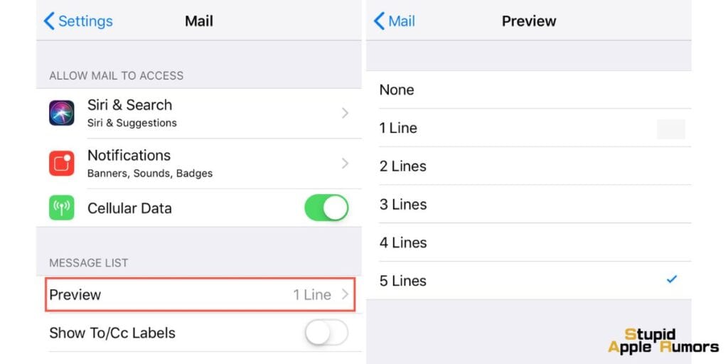 Set the Mail Preview to 5 Lines iphone