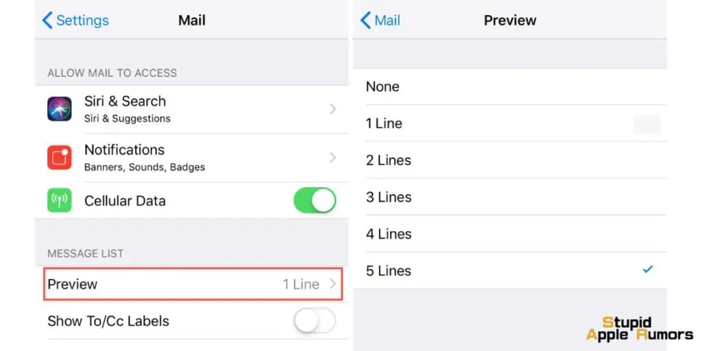 Set the Mail Preview to 5 Lines iphone